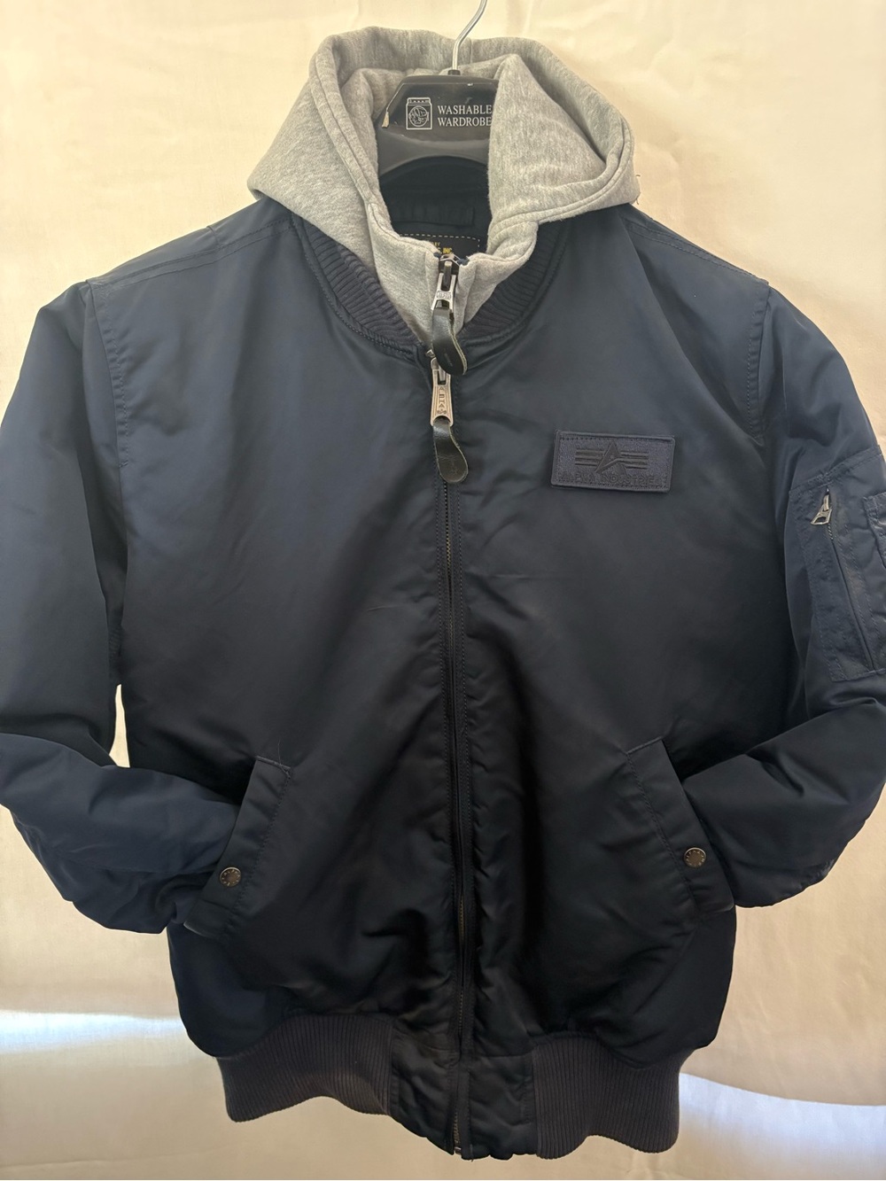 Alpha Industries Navy Bomber Jacket with Gray Hooded Liner